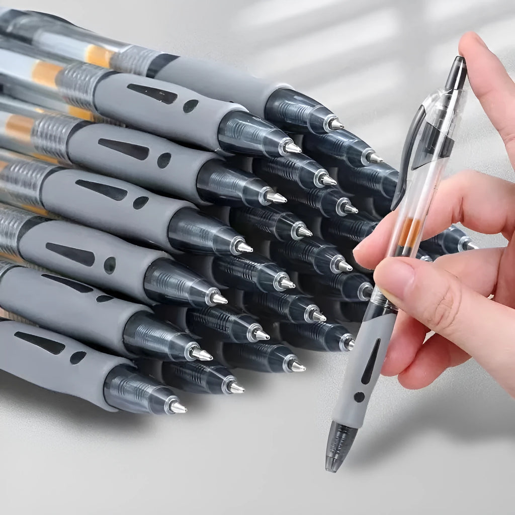 A black, blue, or red plastic gel pen with a 0.5mm fine tip for writing.