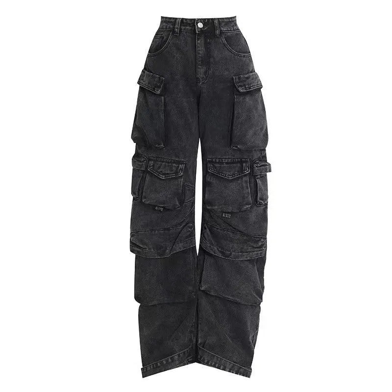 Women's tie-dyed wide leg high waist trousers with multiple pockets in street hipster style