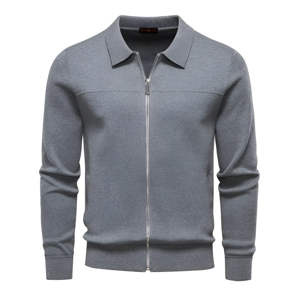 Men's 100% cotton slim fit zip cardigan in black, dark blue, and dark gray - front view