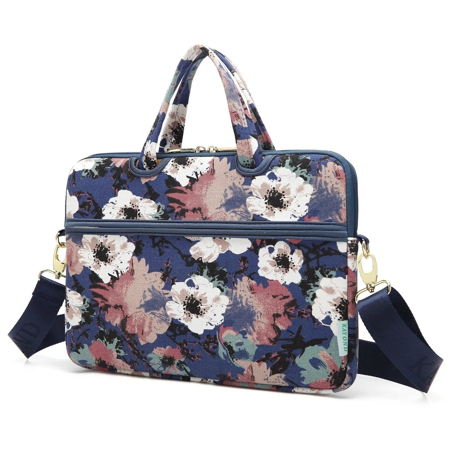 Canvas laptop sleeve with printed pattern for 13-15 inch notebooks, plush lining, and padded shoulder strap