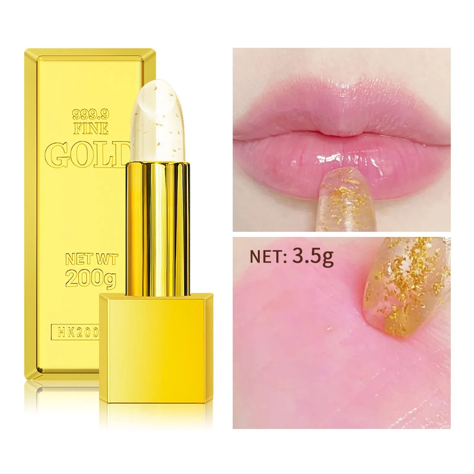 Gold foil colour-changing lipstick with moisturising formula, 3.5g net content, shiny finish