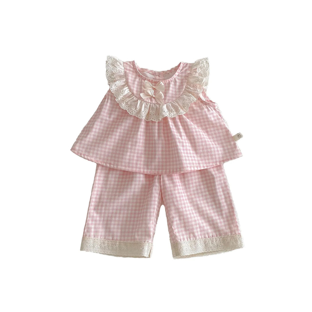 Girls cherry pink plaid cotton bowknot doll shirt and wide leg pants two-piece set