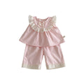 Girls cherry pink plaid cotton bowknot doll shirt and wide leg pants two-piece set