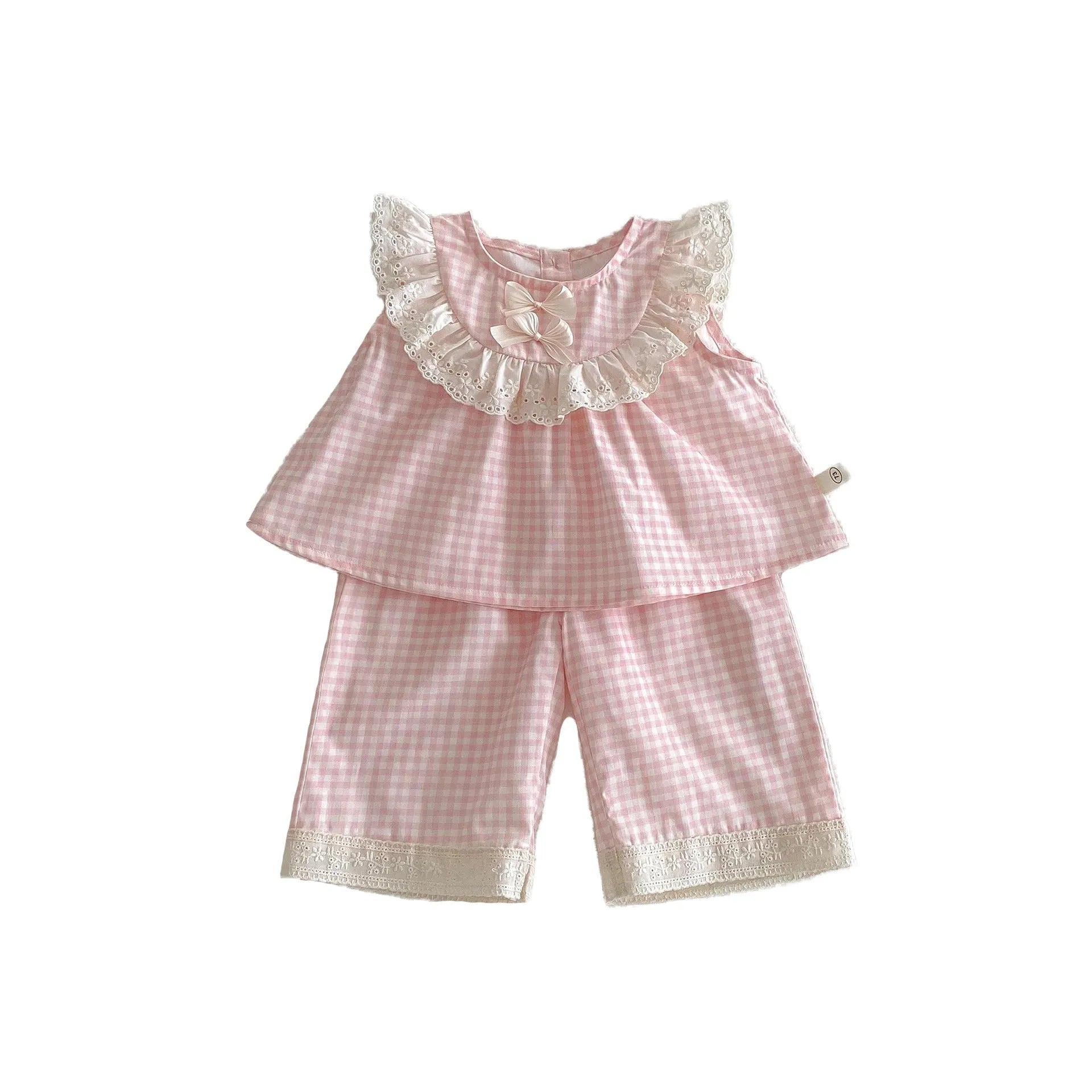 Girls cherry pink plaid cotton bowknot doll shirt and wide leg pants two-piece set