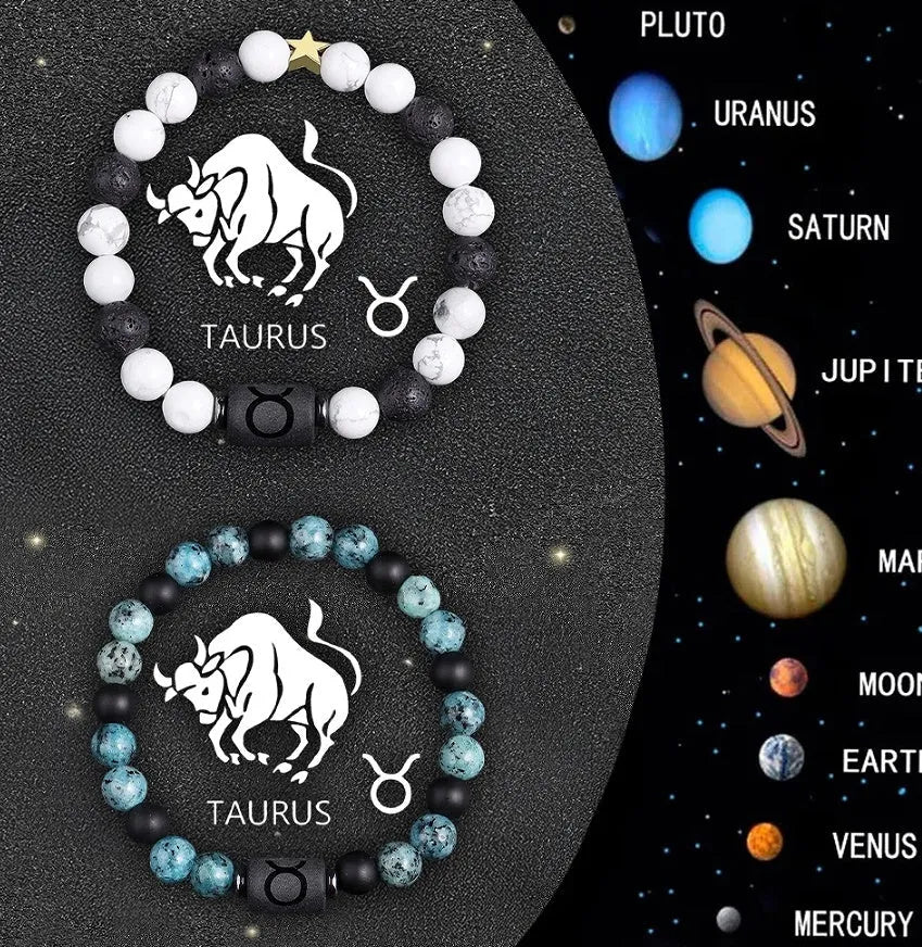 Set of twelve natural stone beaded bracelets for zodiac signs on elasticated string.