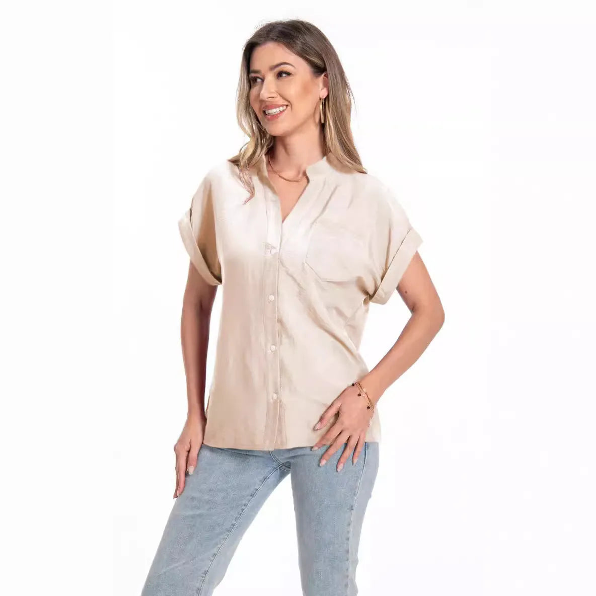 Women's stand collar button front short sleeve top in loose fit polyester with raglan sleeves