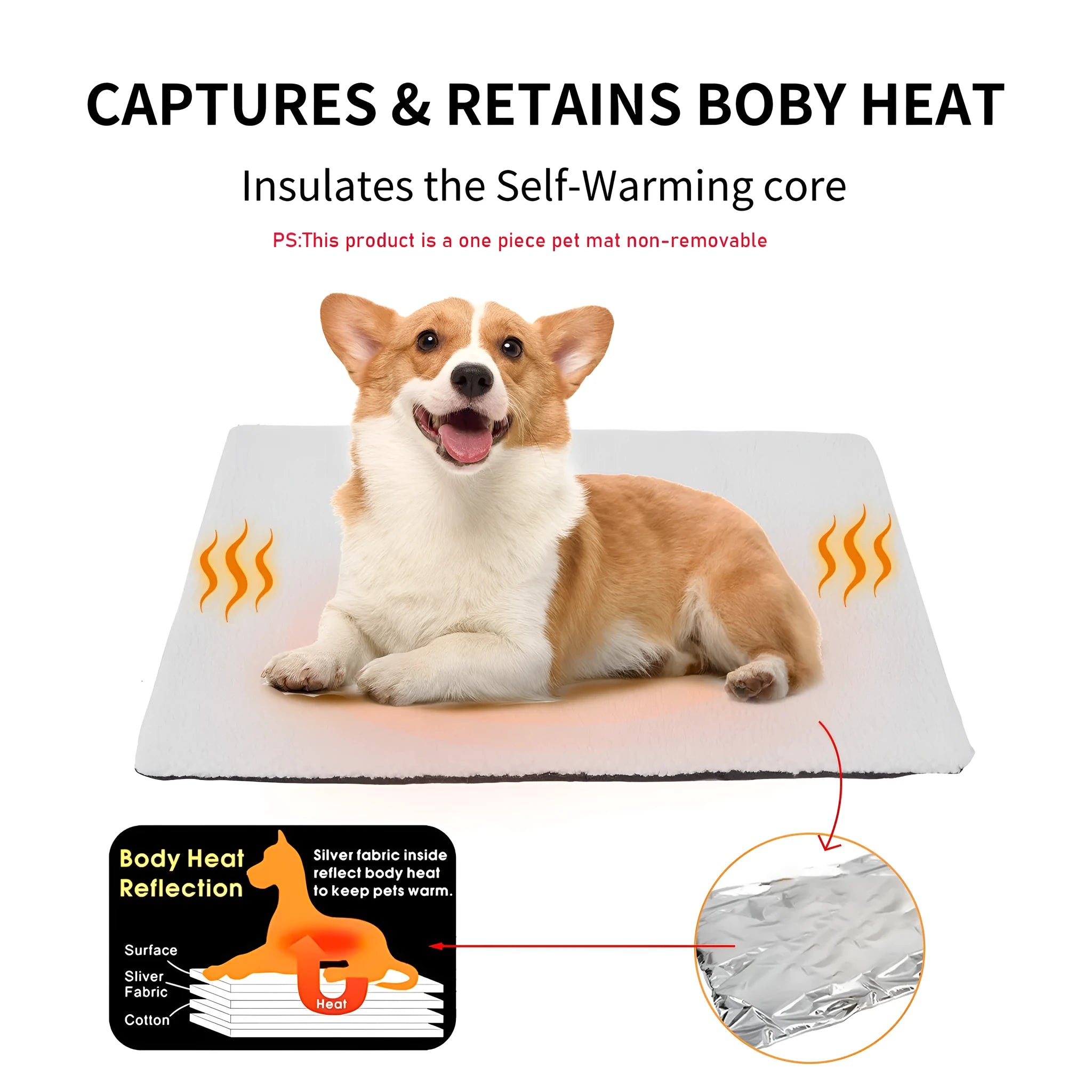 Self-heating plush pet pad for cats in grey colour showing M95x65cm size