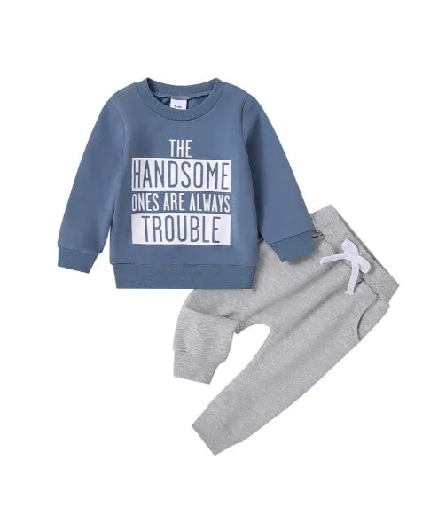Baby knitted cotton casual suit with letter print top and trousers in navy blue