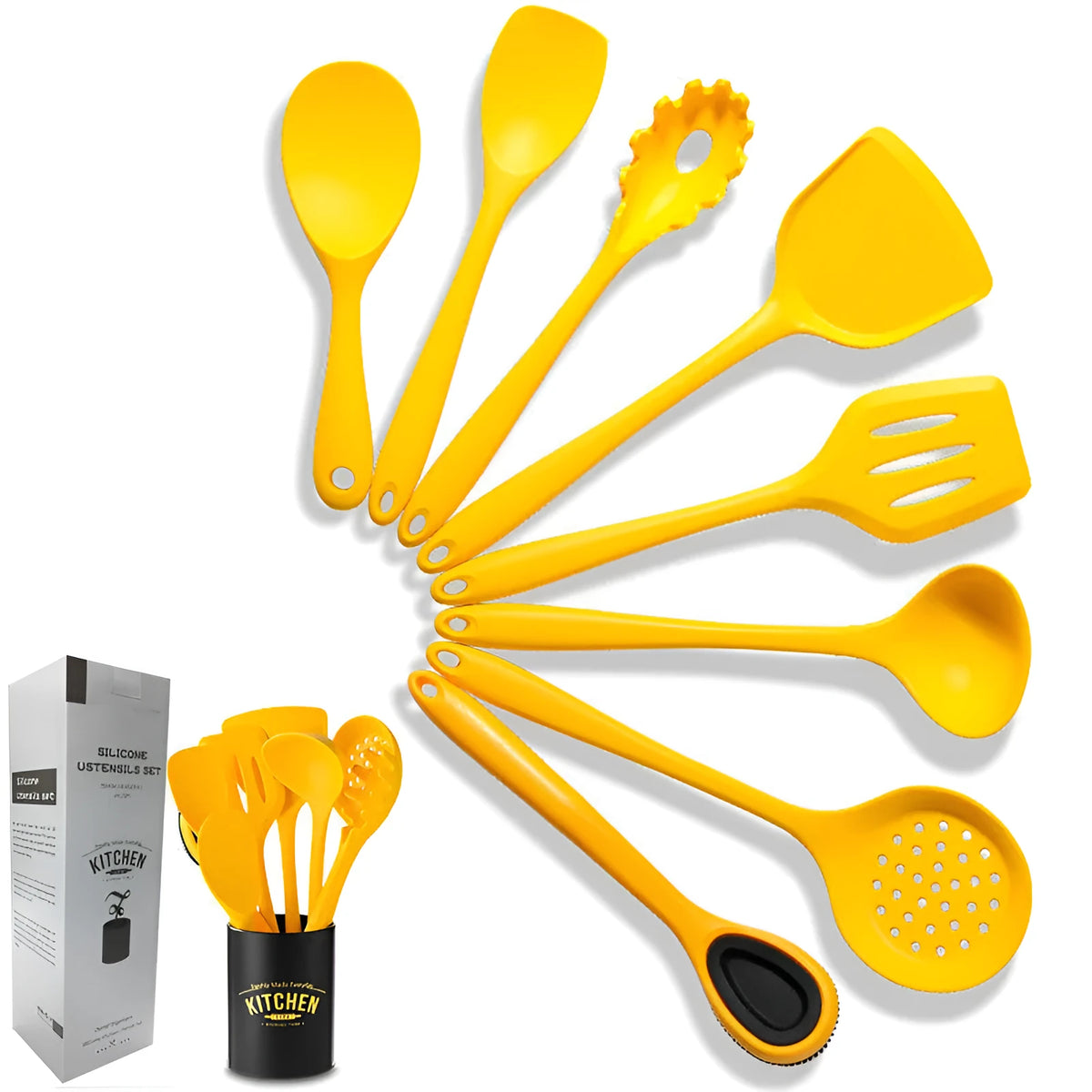 Yellow silicone nylon nonstick cooking spoon spatula kitchen utensils set on surface