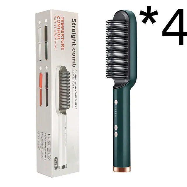Red and black dual-function 2-in-1 hair straightener and curling tong hot comb on a white background