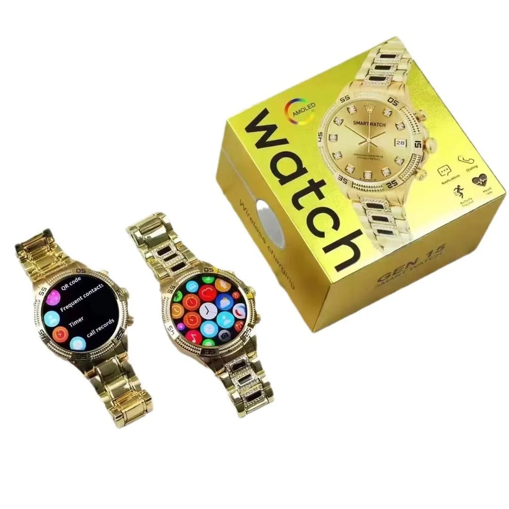 Bluetooth calling full diamond smartwatch in gold finish with TFT screen on wrist