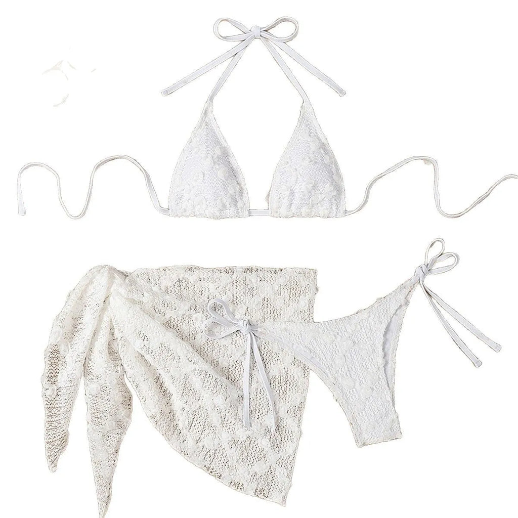 White women's split bikini swimsuit with mesh halter neck, three-piece set with suspenders, trunks, and apron, sizes S M L