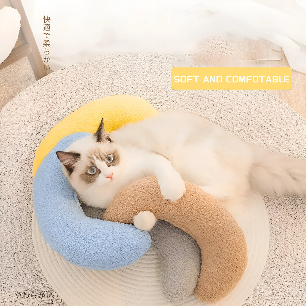 U-shaped blue cat pillow with adjustable neck collar for cervical support