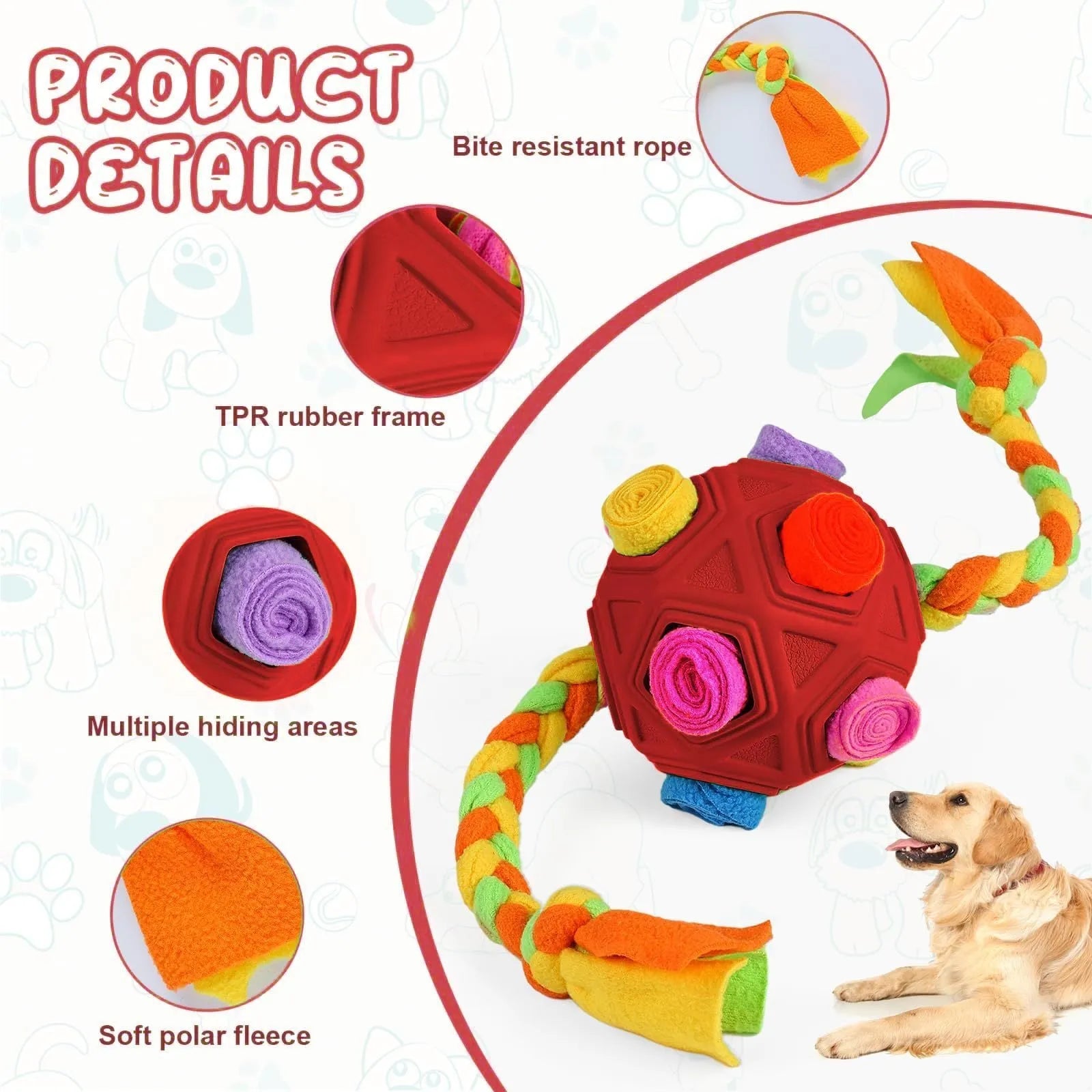 Dog puzzle sniffing ball training toy in multiple colour options on white background