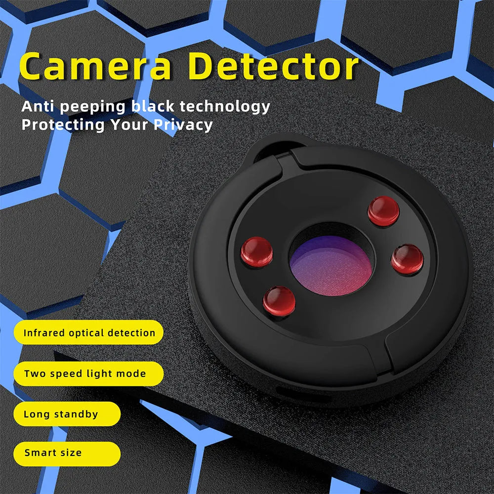 Compact black camera detector with infrared sensor for finding hidden surveillance devices.
