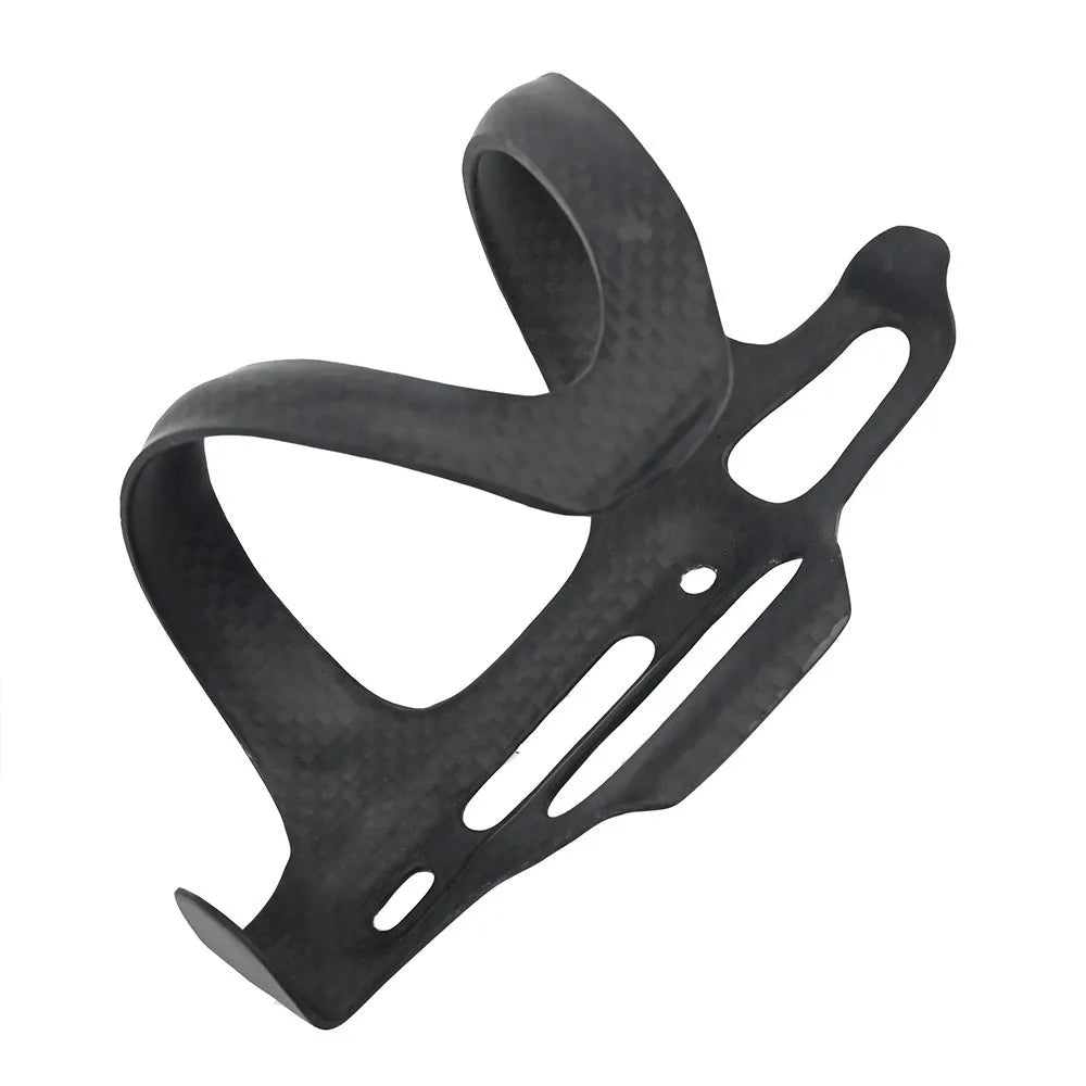 Black all-carbon fibre bicycle water bottle holder with side-pull quick release lever.
