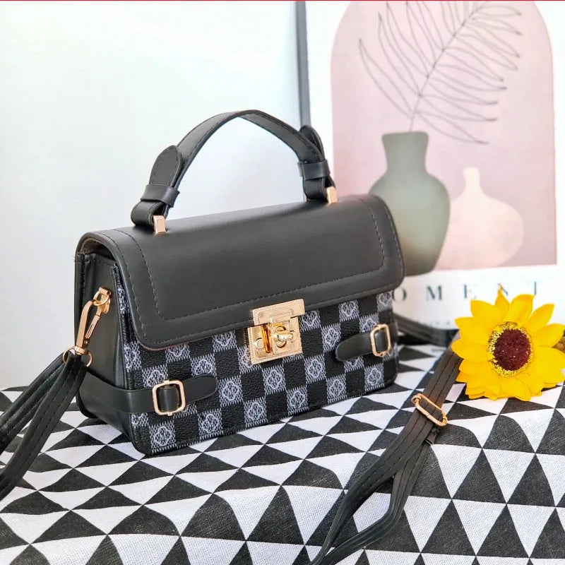 A retro-style apricot PU crossbody bag with a square shape, decorative stitching, and a visible file compartment inside.