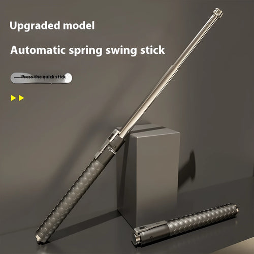 Titanium black aluminium alloy automatic spring expandable baton in collapsed and extended states.