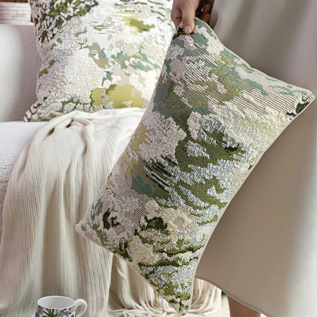 Antique green wool blend pillowcase with French style spring flowers botanical pattern.