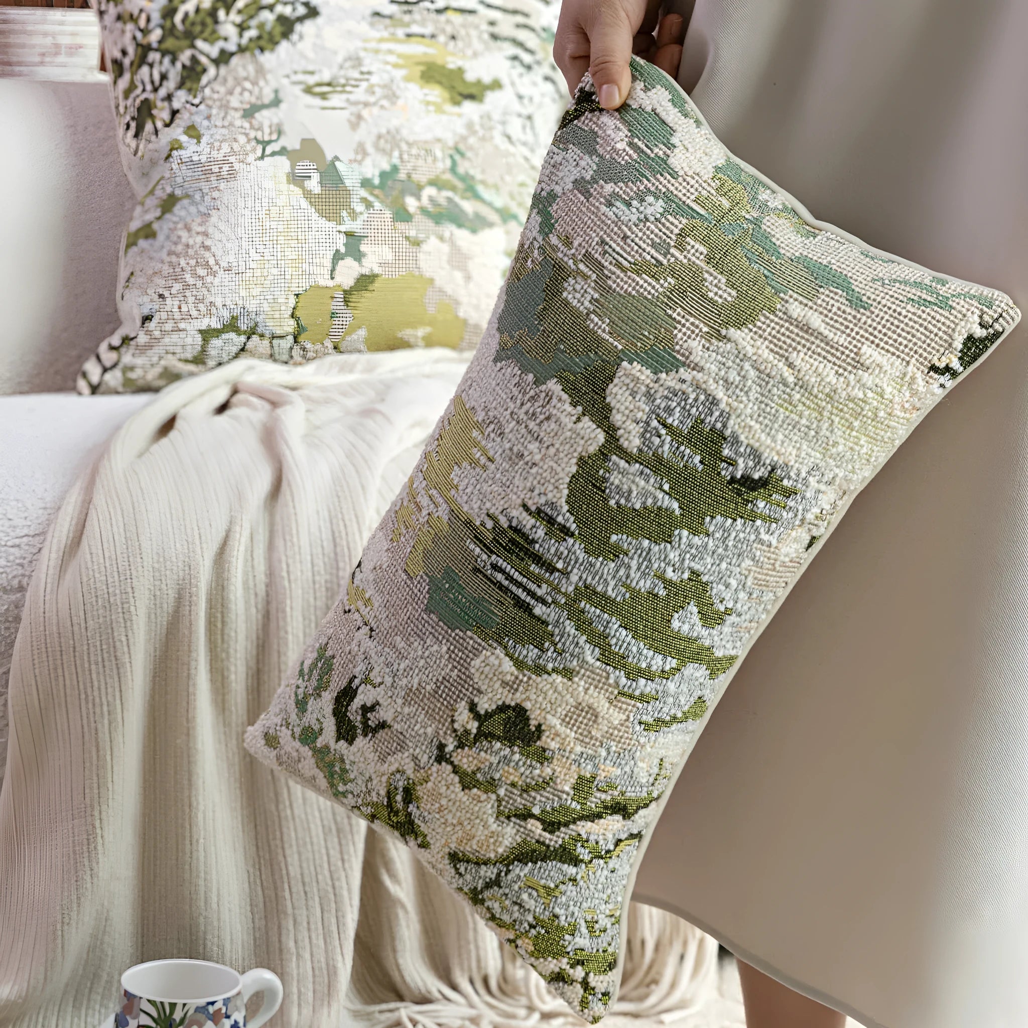 Antique green wool blend pillowcase with French style spring flowers botanical pattern.