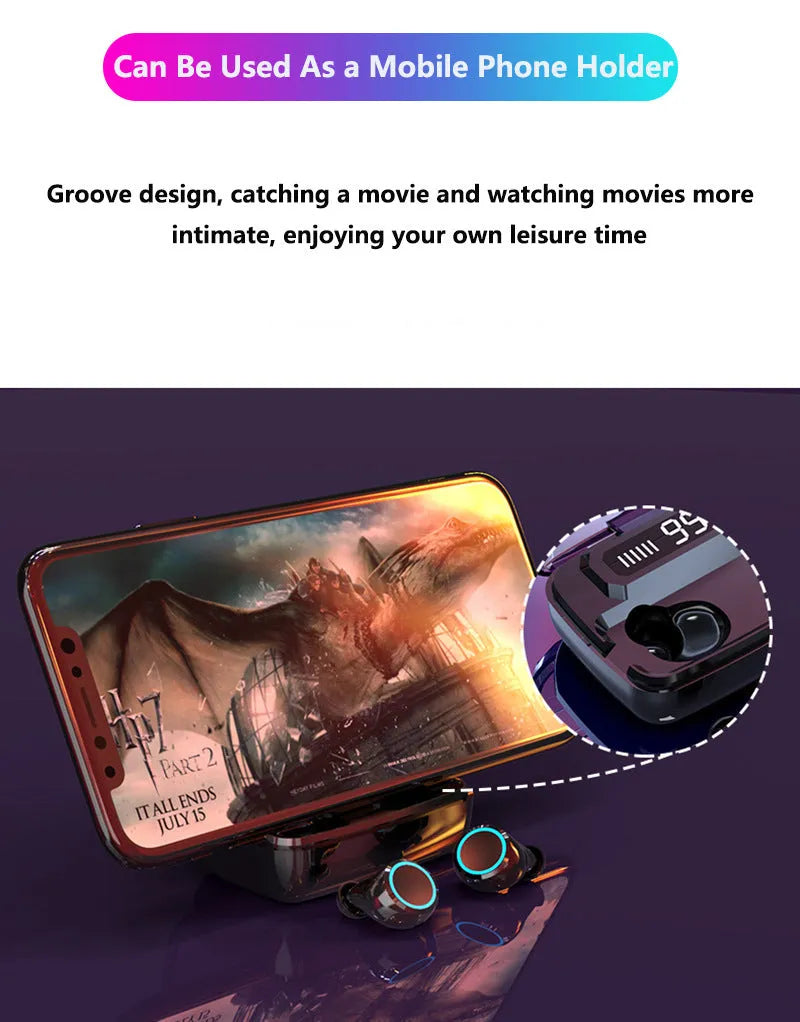 Black M11 wireless Bluetooth headset with charging case featuring a digital display.