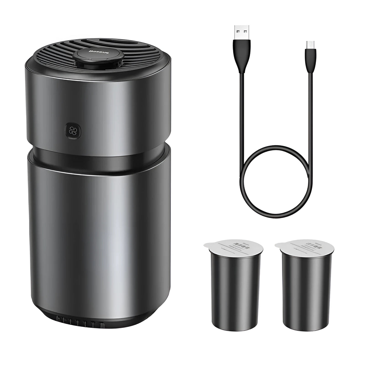 Black car cup holder fan aromatherapy diffuser with aluminium alloy body and two balm inserts