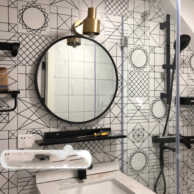 Round iron-framed bathroom wall mirror in black, gold, or white, shown in 30cm and 60cm sizes.