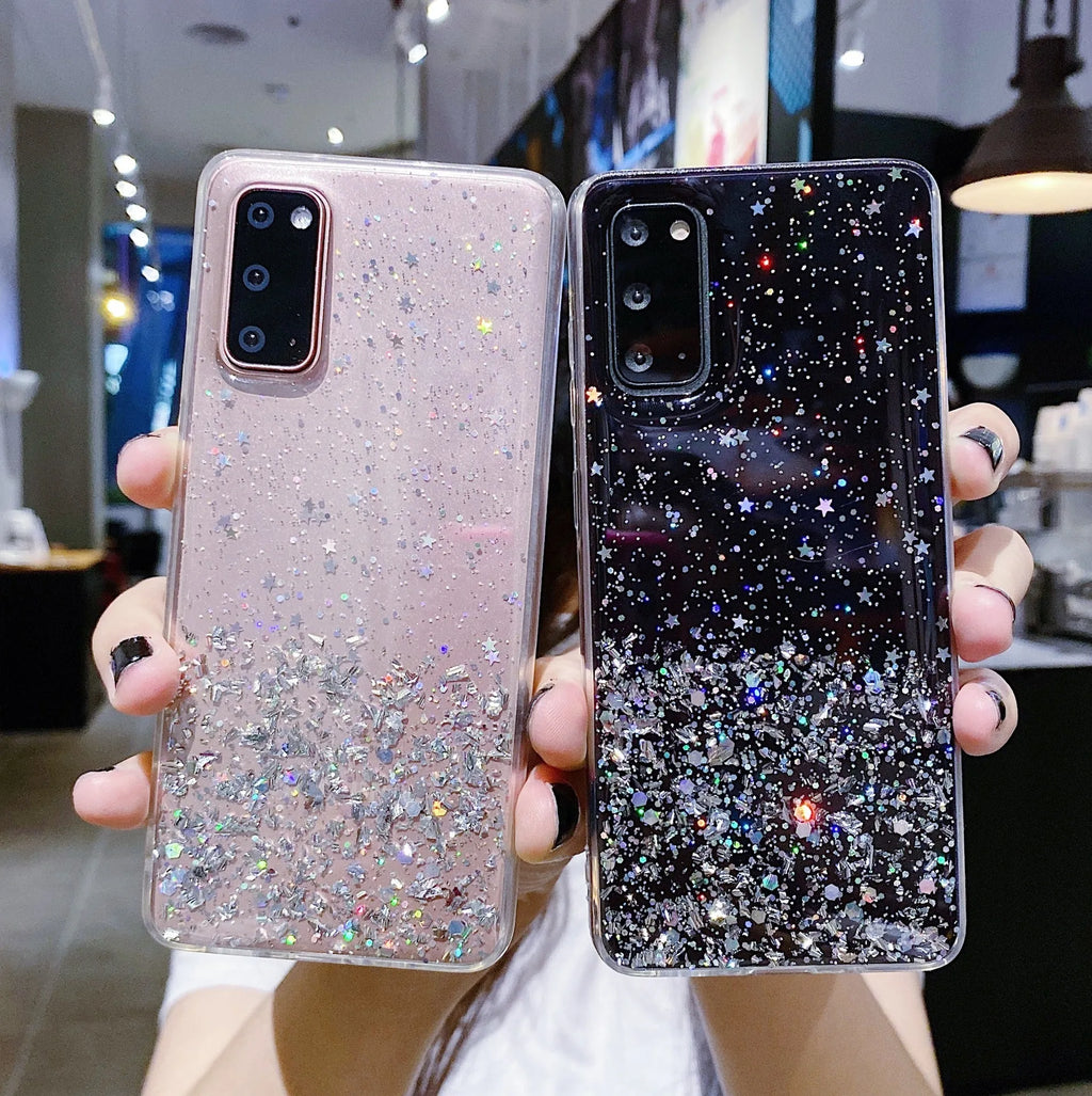 Starry sky silver foil epoxy TPU phone case for iPhone, available in five colours including black, green, pink, purple, transparent