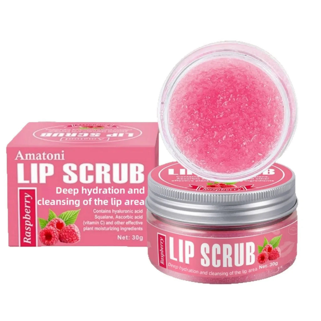 30g pot of fruit flavour lip scrub cream in coconut, raspberry, vanilla, or watermelon options