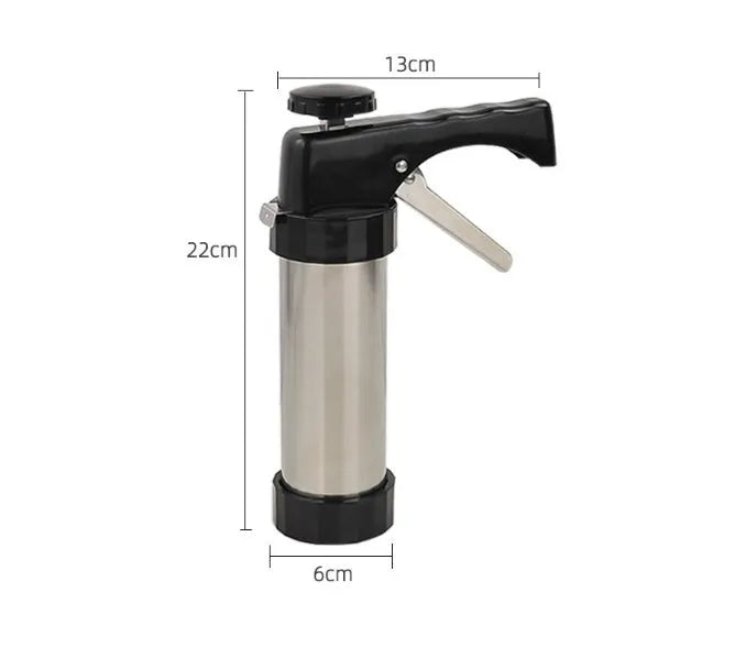 Stainless steel biscuit press gun with 13 cookie moulds and 8 piping nozzles for baking and cake decorating
