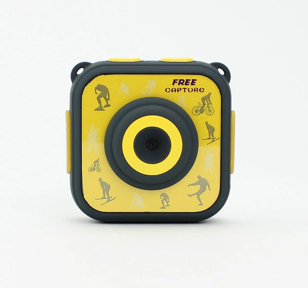 Yellow children's waterproof sports camera with 1.77-inch screen showing 5MP photo resolution and HD video recording