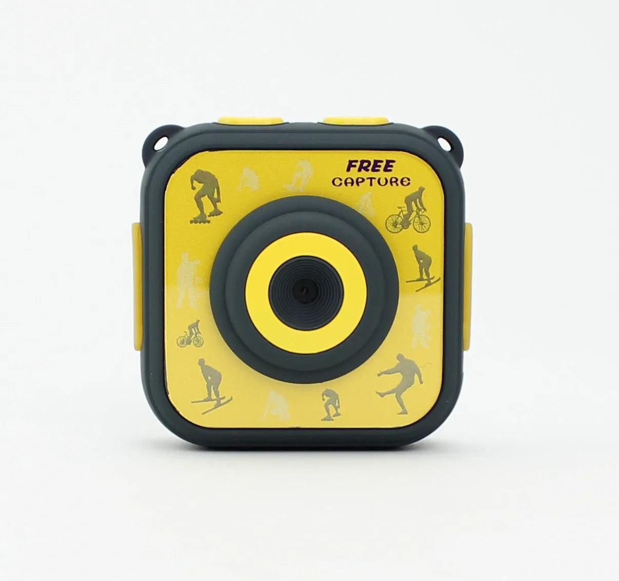 Yellow children's waterproof sports camera with 1.77-inch screen showing 5MP photo resolution and HD video recording
