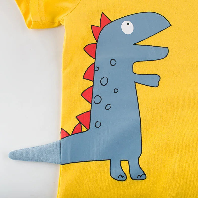 Blue dinosaur kids T-shirt with cartoon print on soft cotton fabric for children aged 3-8 years