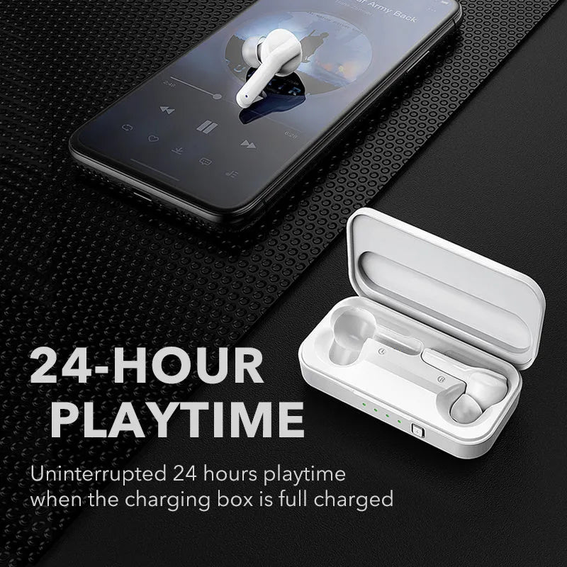 Black and white TWS wireless Bluetooth earbuds with charging case, showing discreet in-ear design.
