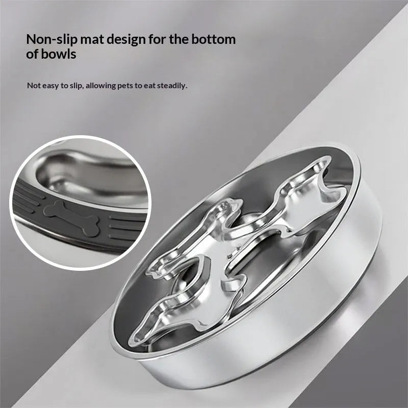 Stainless steel rotating slow-feeding pet bowl with bone design for dogs and cats to prevent choking