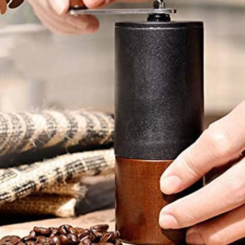 Hand-cranked grinder model YA1467 in black and black walnut wood grain finish, 49mm diameter, 150cm height