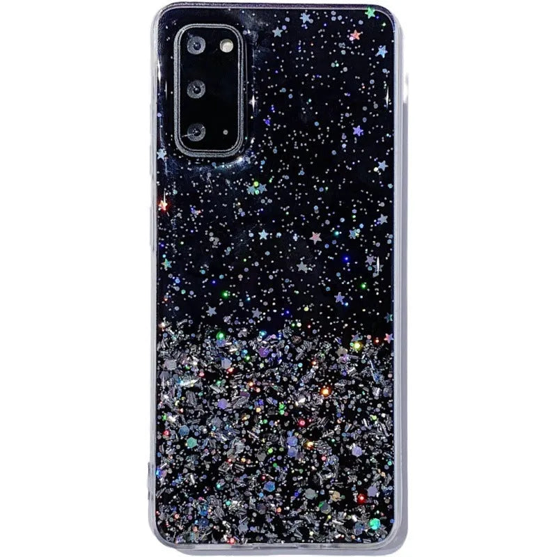 Starry sky silver foil epoxy TPU phone case for iPhone, available in five colours including black, green, pink, purple, transparent