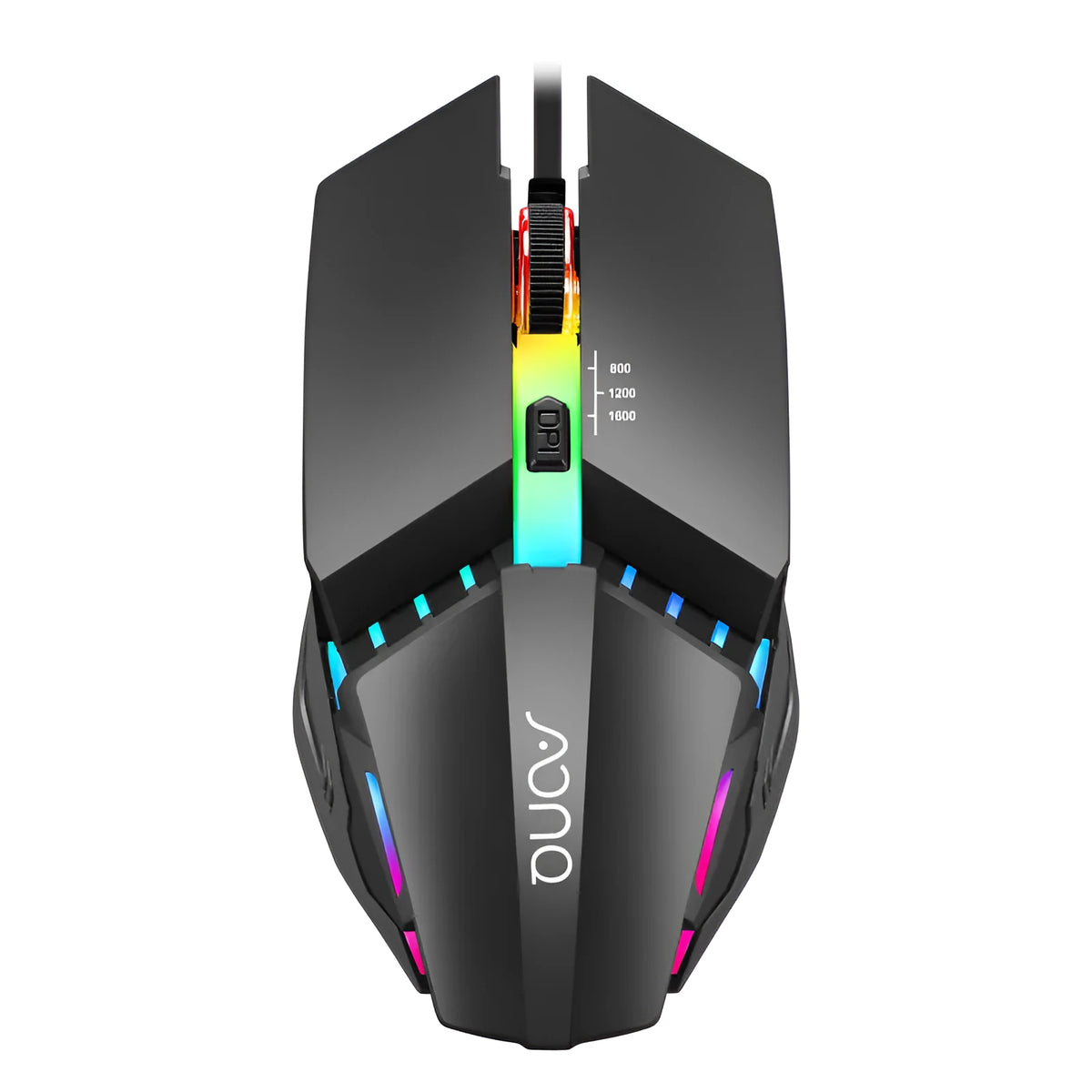 M3 wired mouse in black on desk with USB cable visible showing three DPI adjustment levels