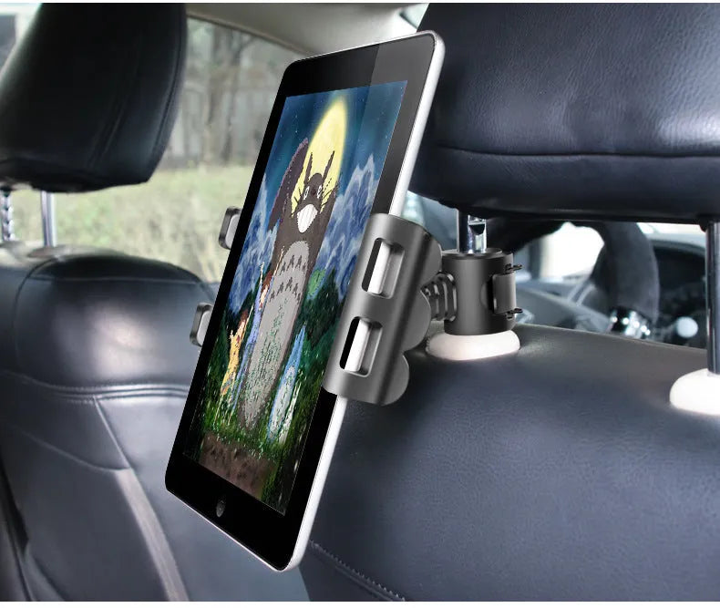 Universal car headrest tablet holder mounted on vehicle seat with 360 degree rotation and extendable arm for 4-12 inch devices