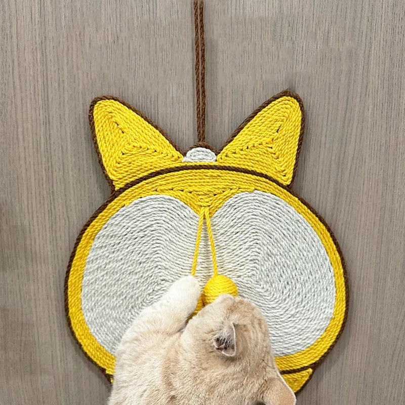 Yellow Corgi pattern sisal cat scratching board with wall hooks and anti-slip base
