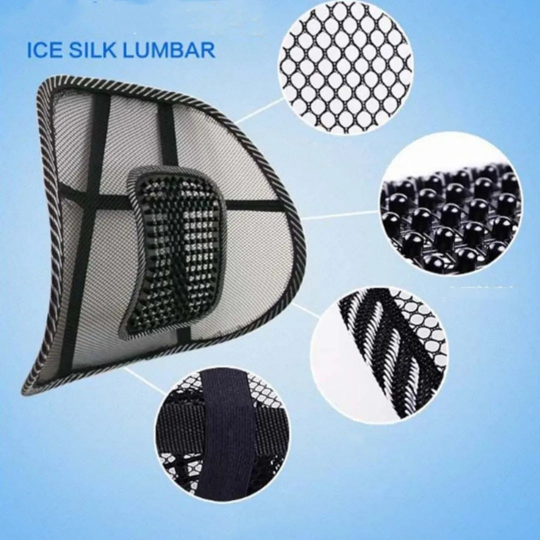 Black leather car lumbar support pillow measuring 41cm by 39cm