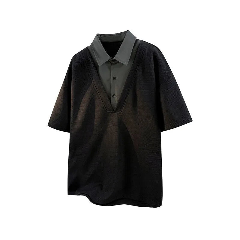 Men's black heavy Henry collar polo shirt sweater made from thin spandex fabric with short sleeves.