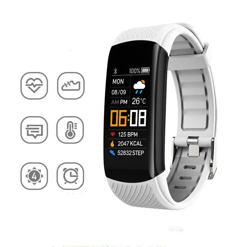 Adult sports silicone pedometer bracelet with a 0.96-inch touchscreen display on a wrist.