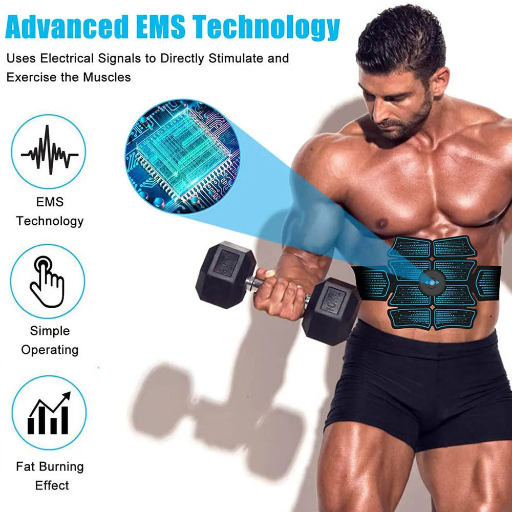 EMS abdominal muscle stimulator belt with 6 modes, 10 frequencies, 1 belly belt, 2 arm belts, and 3 controllers.