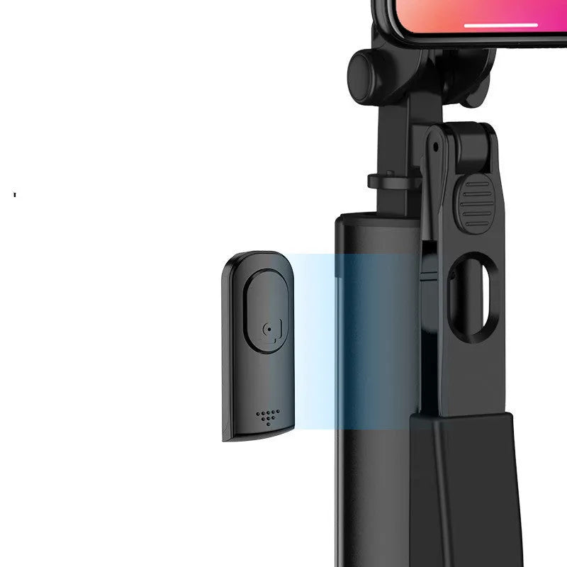 Black aluminium Bluetooth selfie stick with extended tripod legs and remote control for mobile phones