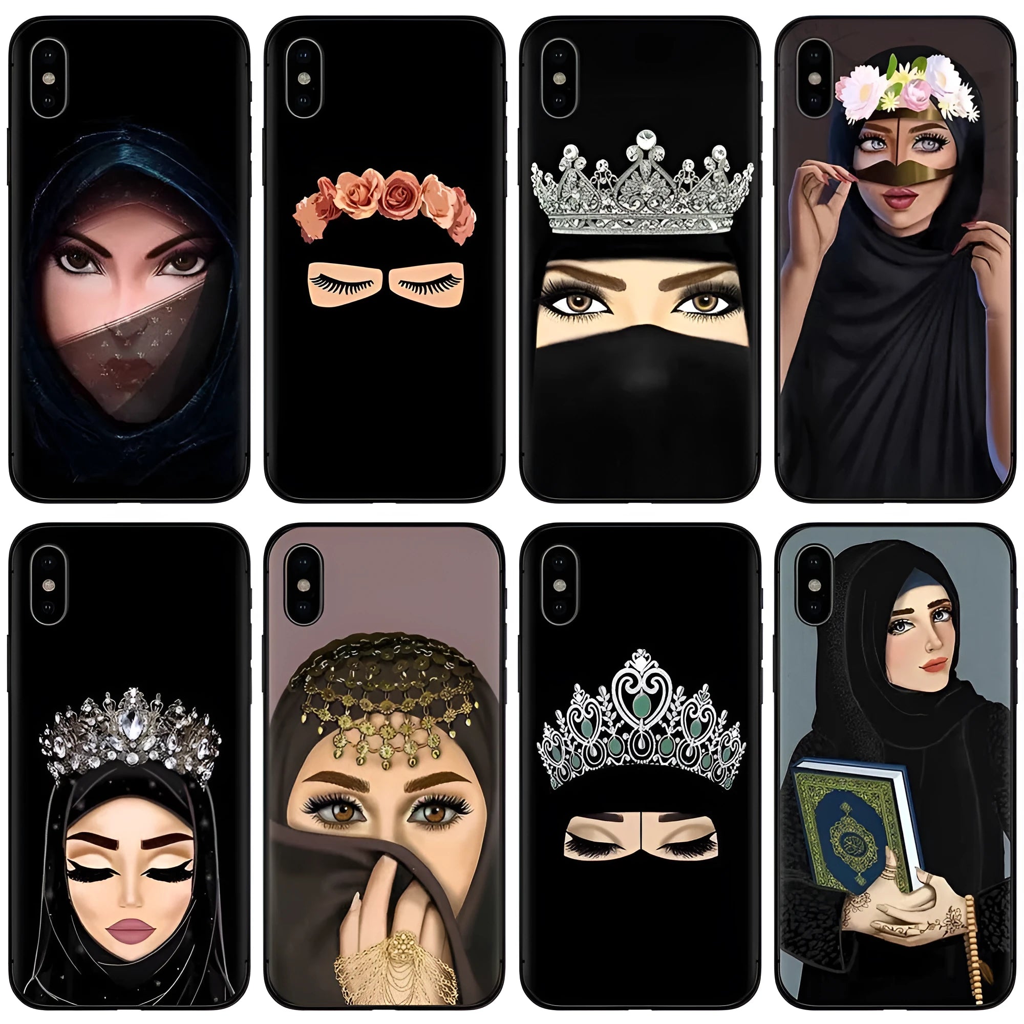 Islamic hijab veil design mobile phone case with rhinestone and floral decoration on a pink background.