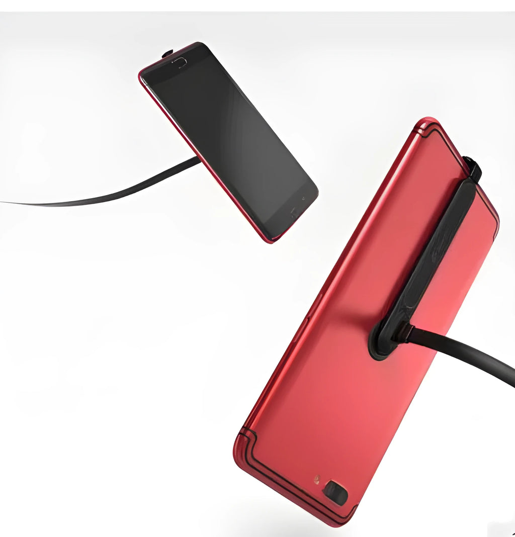 Black L-bend gaming phone charging cable with suction cup attached to a mobile phone, showing flat tangle-free design.