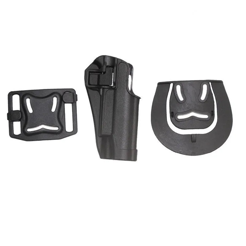 Black plastic tactical holster for right-hand belt carry with secure attachment