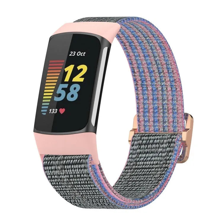Elastic nylon woven canvas watch band for Fitbit Charge 5 or 6 in Seashell colour on a white background