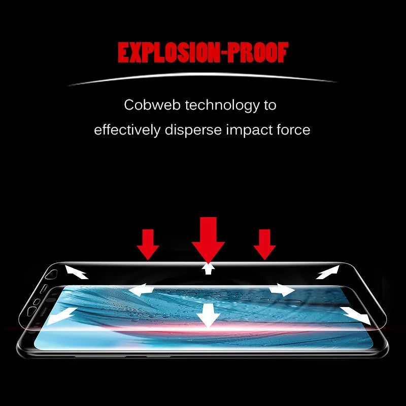 Purple light hydraulic film screen protector for curved Samsung Galaxy phone.